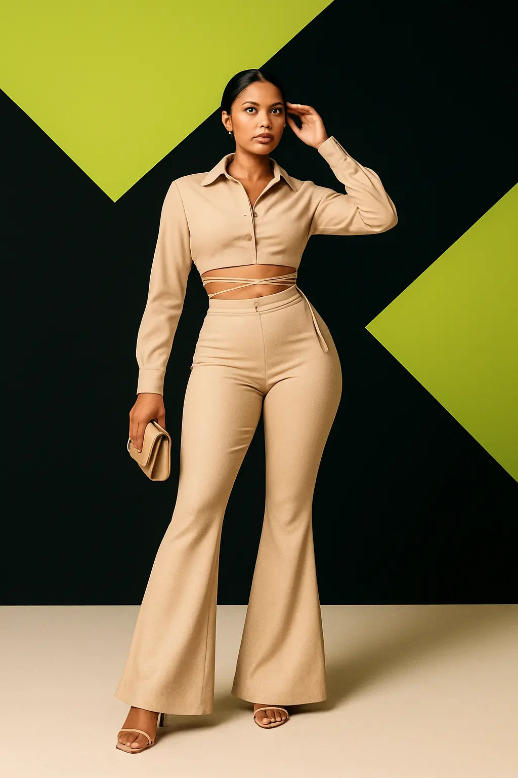 Woman in beige outfit posing against a black and green geometric background