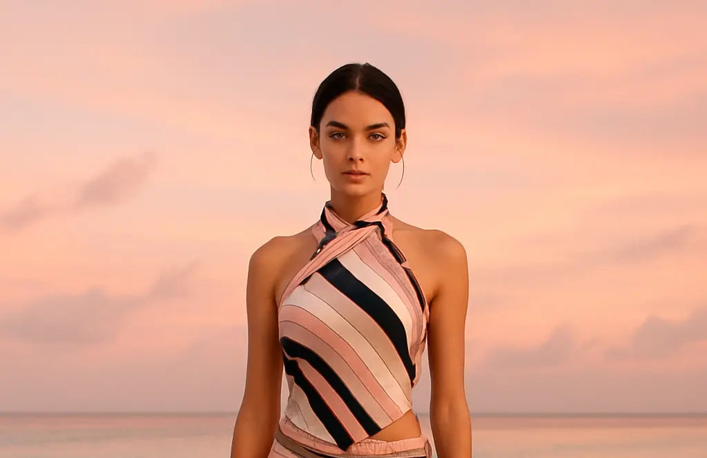 Woman wearing a striped dress against a sunset sky