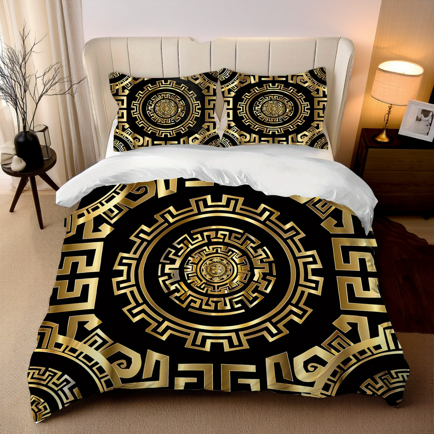 Bedding set with gold and black geometric pattern on a bed in a bedroom setting.