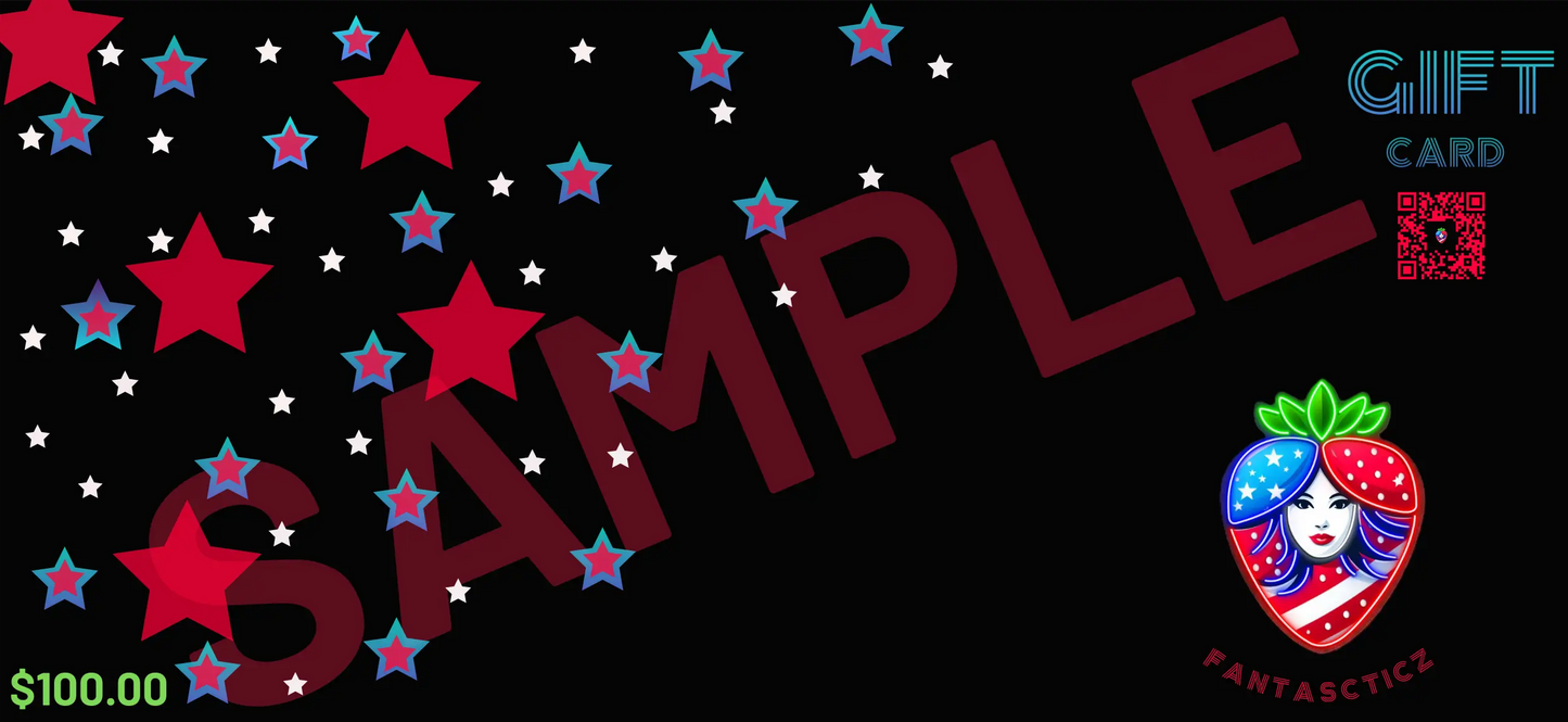 Gift card design with stars, 'SAMPLE' text, and a colorful logo on a black background.
