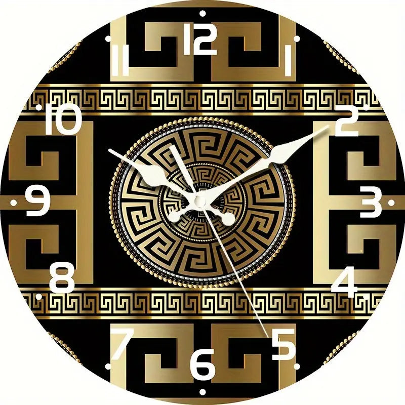 Decorative wall clock with gold and black geometric pattern