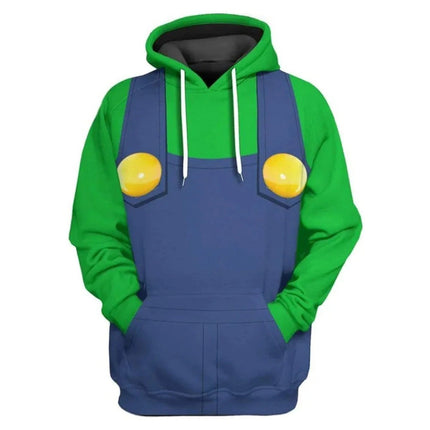 Green and blue pullover hoodie inspired by Mario’s iconic overalls, with yellow overall buttons and a front pouch pocket.