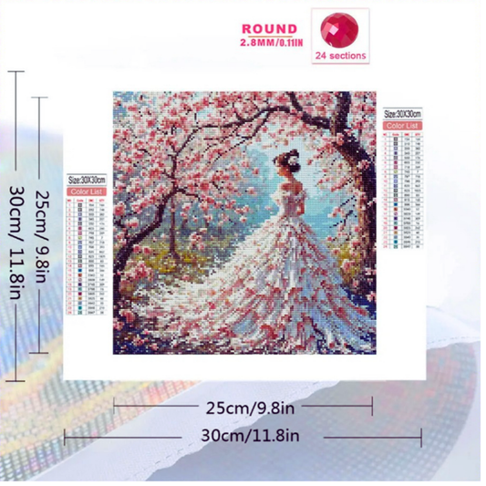 Diamond painting kit with a woman in a dress surrounded by cherry blossoms, including measurements and color chart.