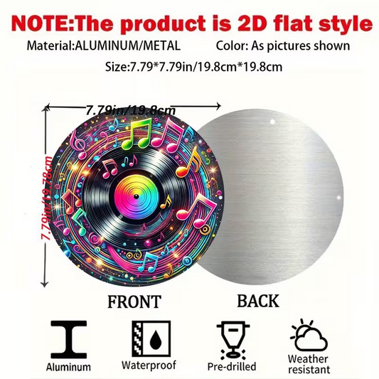 Colorful music-themed metal disc with measurements and material details on a white background