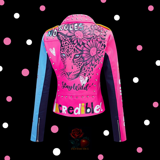 Punk Rocker Jacket - Retro 1980s Multi Color Studded Zipper Coat for Women