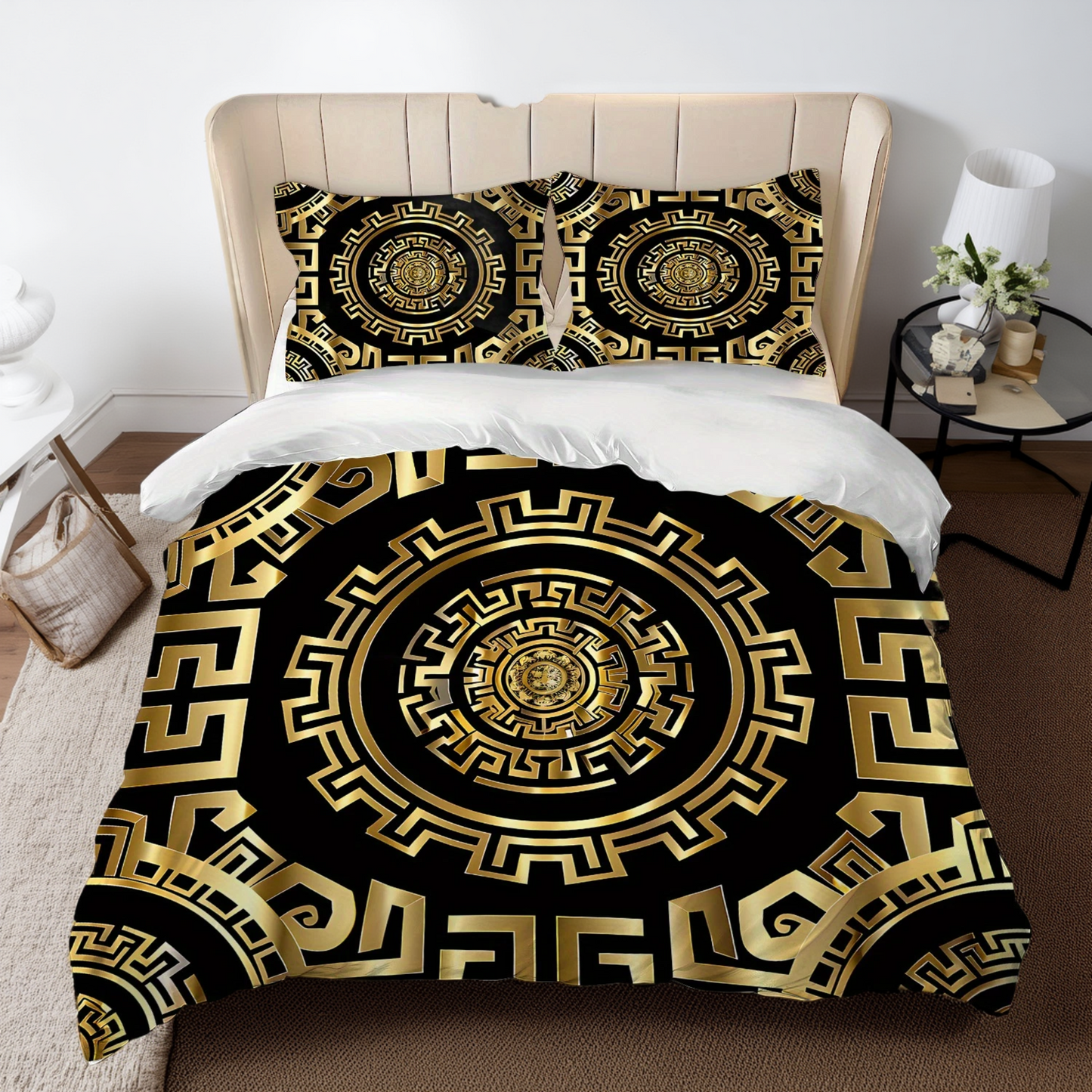 Fantascticz Luxury Bedding Set with Black and Gold Egyptian design, complete duvet cover and pillow shams