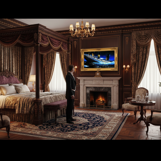 Luxurious bedroom with a man standing in front of a television screen displaying an image of the Titanic.