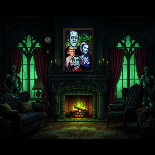 Darkly decorated room with a fireplace, gothic windows, and a 'The Munsters' poster.
