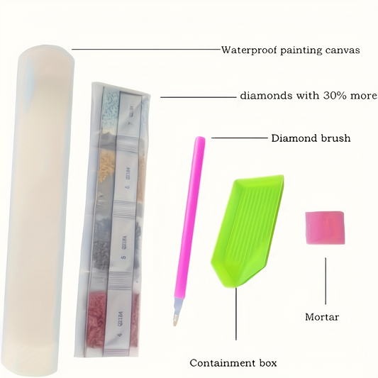 Set of diamond painting tools including waterproof painting canvas, diamonds, brush, and mortar with labels.