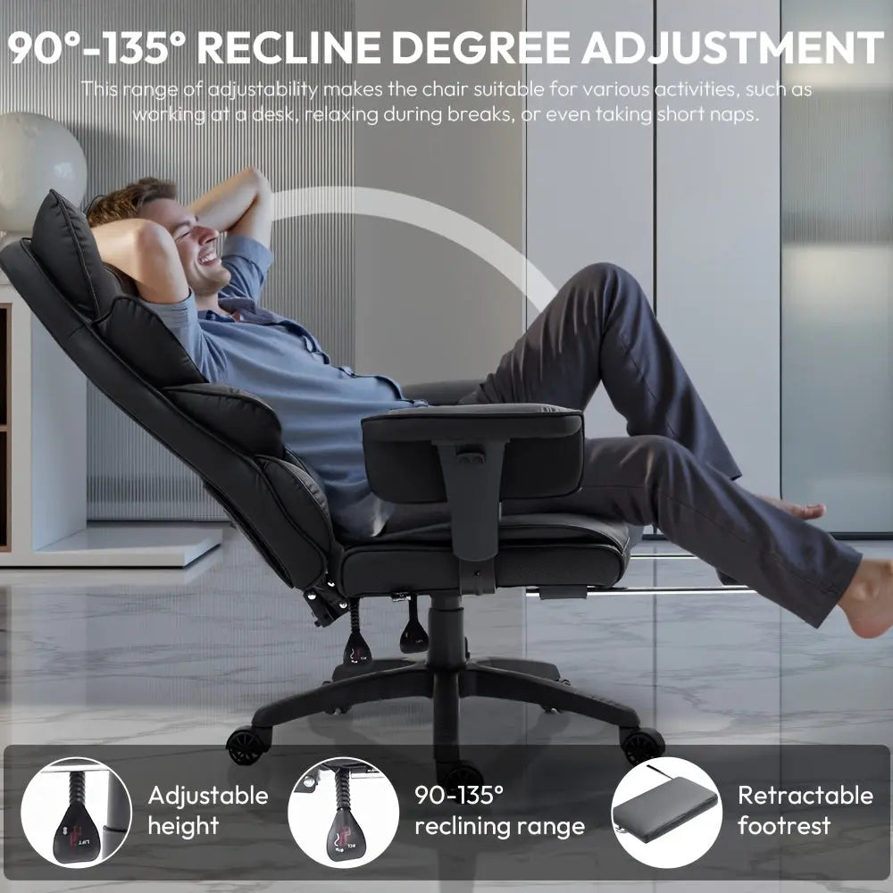 An infographic detailing the dynamic adjustment features of The Apex Executive Recliner by Fantascticz. It highlights the expansive 90 to 135-degree reclining range, the integrated retractable footrest for ultimate relaxation, and the adjustable height for a perfectly personalized fit.