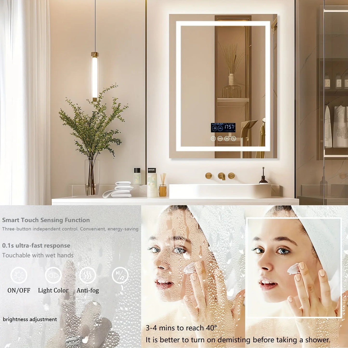 A feature infographic for The Encore Smart Mirror by Fantascticz, demonstrating its powerful anti-fog technology that ensures a crystal-clear reflection post-shower. The image also highlights the ultra-responsive smart touch controls, which are conveniently touchable even with wet hands for a seamless user experience.