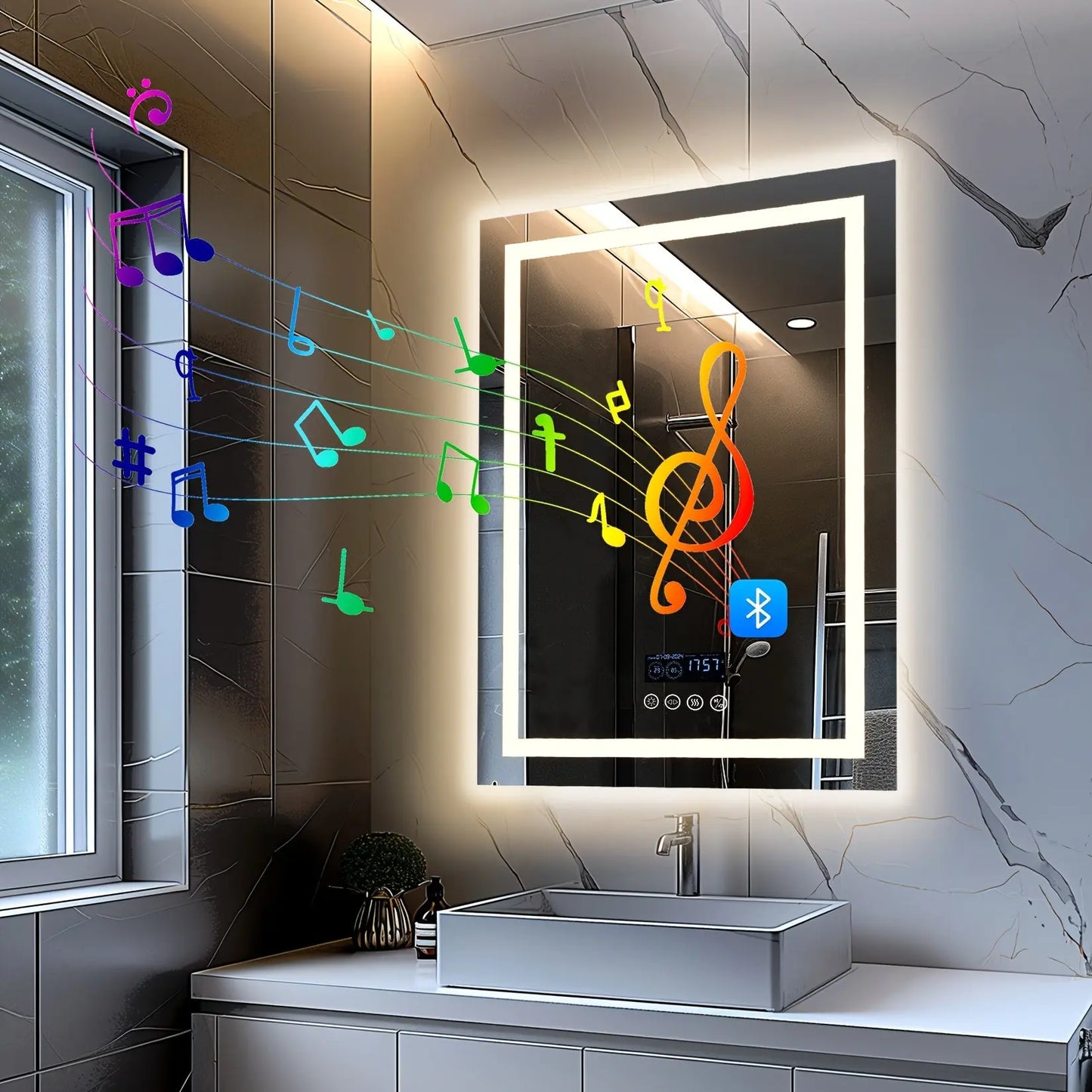 The Encore Smart Mirror by Fantascticz, showcased in a sleek modern bathroom, highlighting its integrated high-fidelity Bluetooth speaker. The image illustrates a vibrant audio experience, with colorful musical notes flowing from the mirror to demonstrate its ability to stream music and create an immersive personal ambiance.