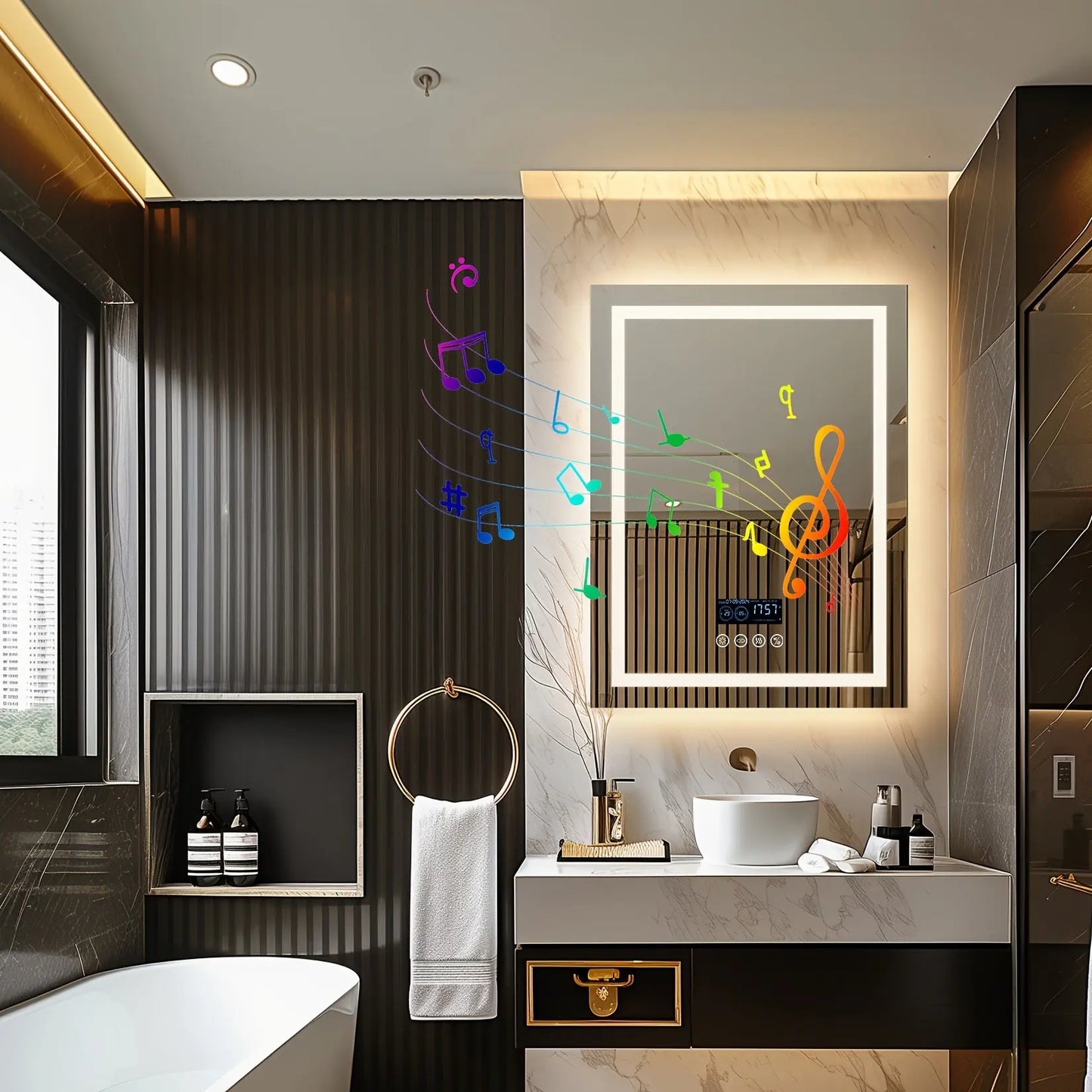 The Encore Smart Mirror by Fantascticz, showcased as a statement piece in a dramatic, modern bathroom. The image emphasizes the mirror's integrated LED lighting and high-fidelity Bluetooth speaker, illustrating its function as a seamless blend of technology and luxury design.