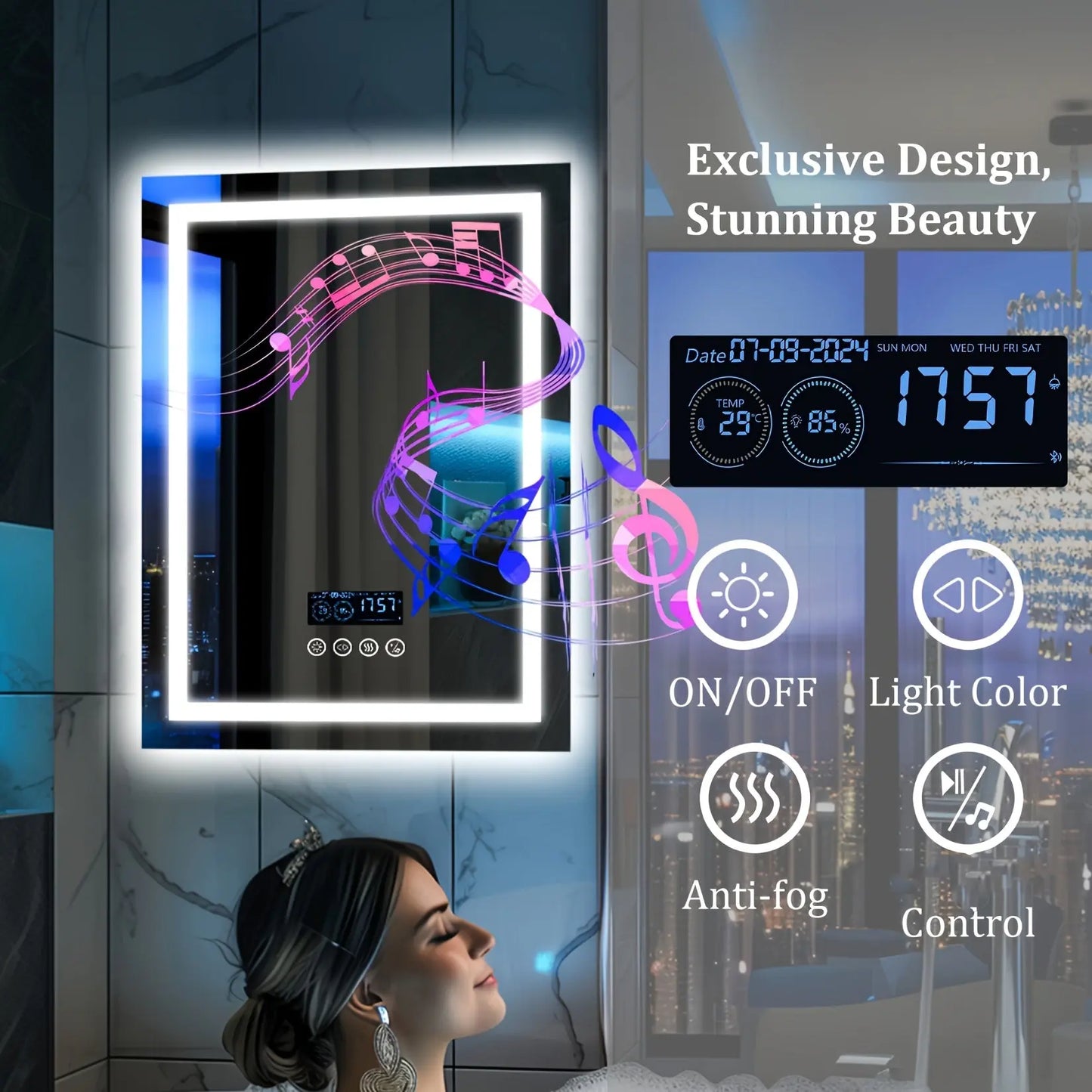 An infographic highlighting the advanced technology of The Encore Smart Mirror by Fantascticz. It details the intuitive touch controls for power, light color adjustment, the essential anti-fog function, and music playback, all alongside a multi-function digital display showing the time, date, and temperature.