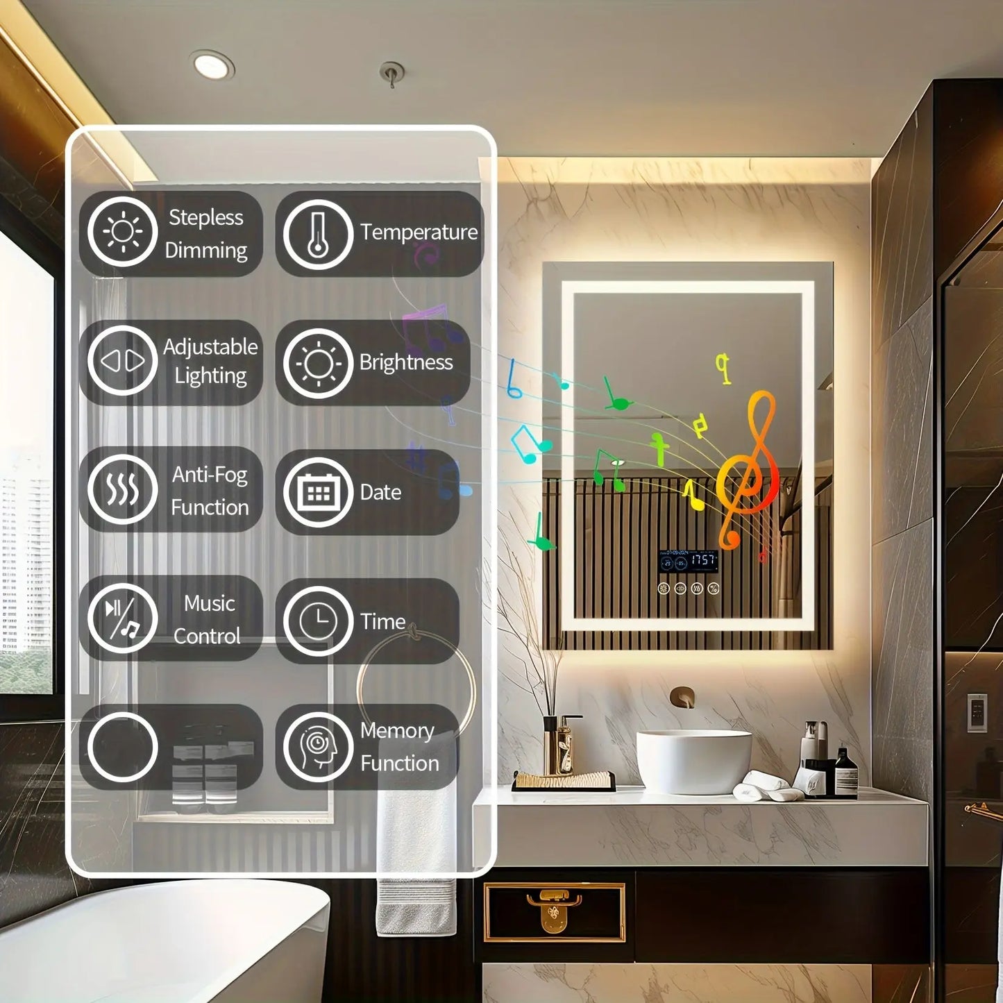 A comprehensive infographic detailing the full suite of controls for The Encore Smart Mirror by Fantascticz. The image highlights key functions including stepless dimming, adjustable lighting, anti-fog, music controls, and the convenient memory function for a personalized experience.
