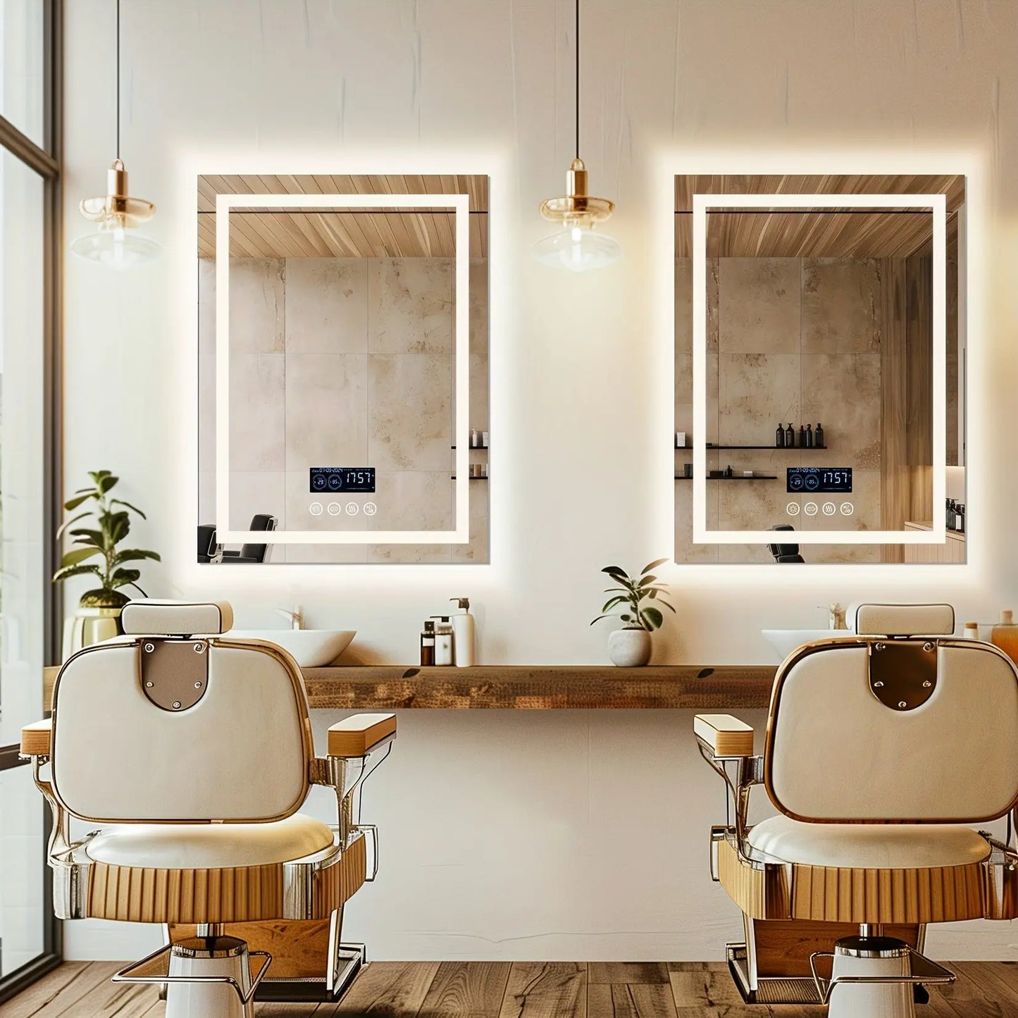 Two Encore Smart Mirrors by Fantascticz installed in a high-end salon setting, demonstrating their suitability for professional use. The mirrors' bright, integrated LED lighting provides perfect illumination for the styling stations, elevating the luxury client experience.
