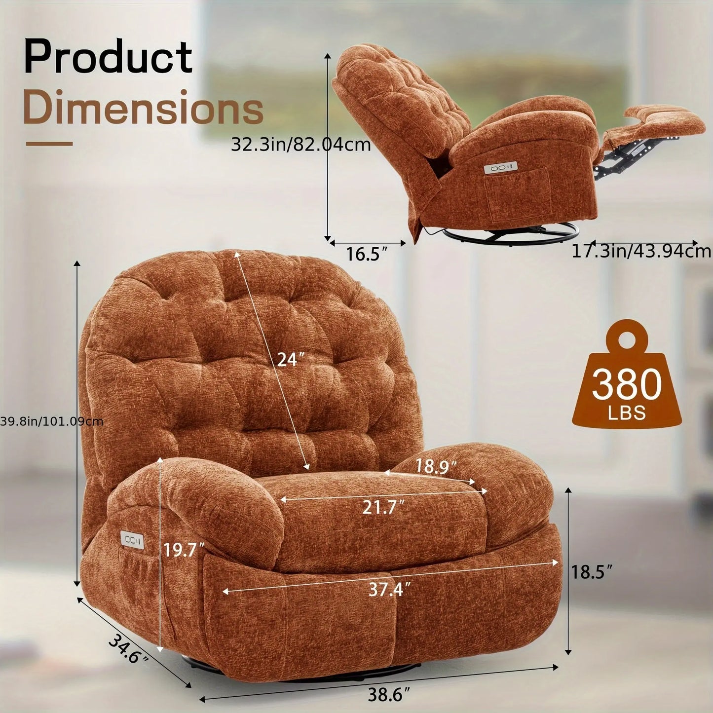 Brown recliner chair with dimensions and weight capacity displayed