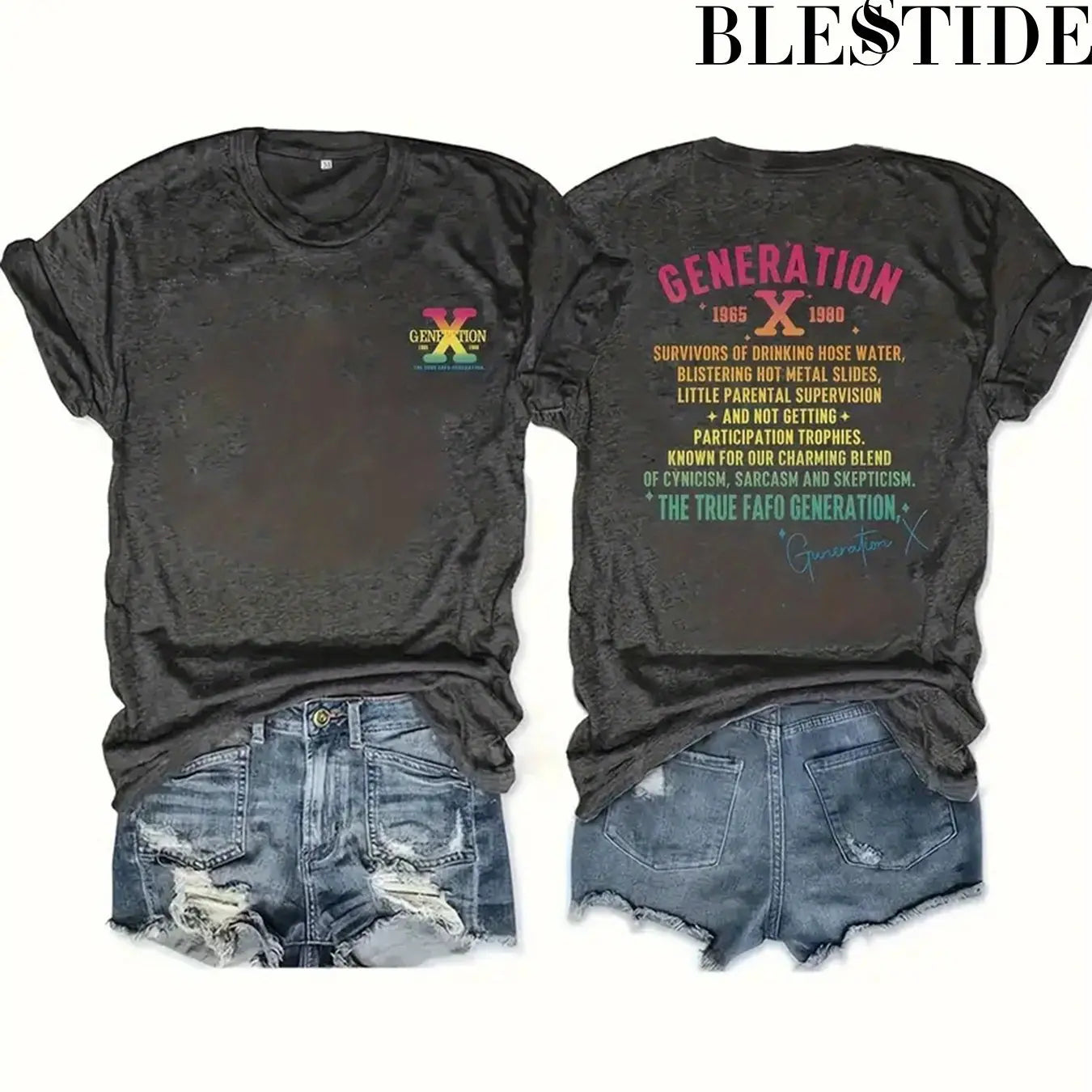 Black t-shirt with 'Generation X' design on front and back, paired with denim shorts.
