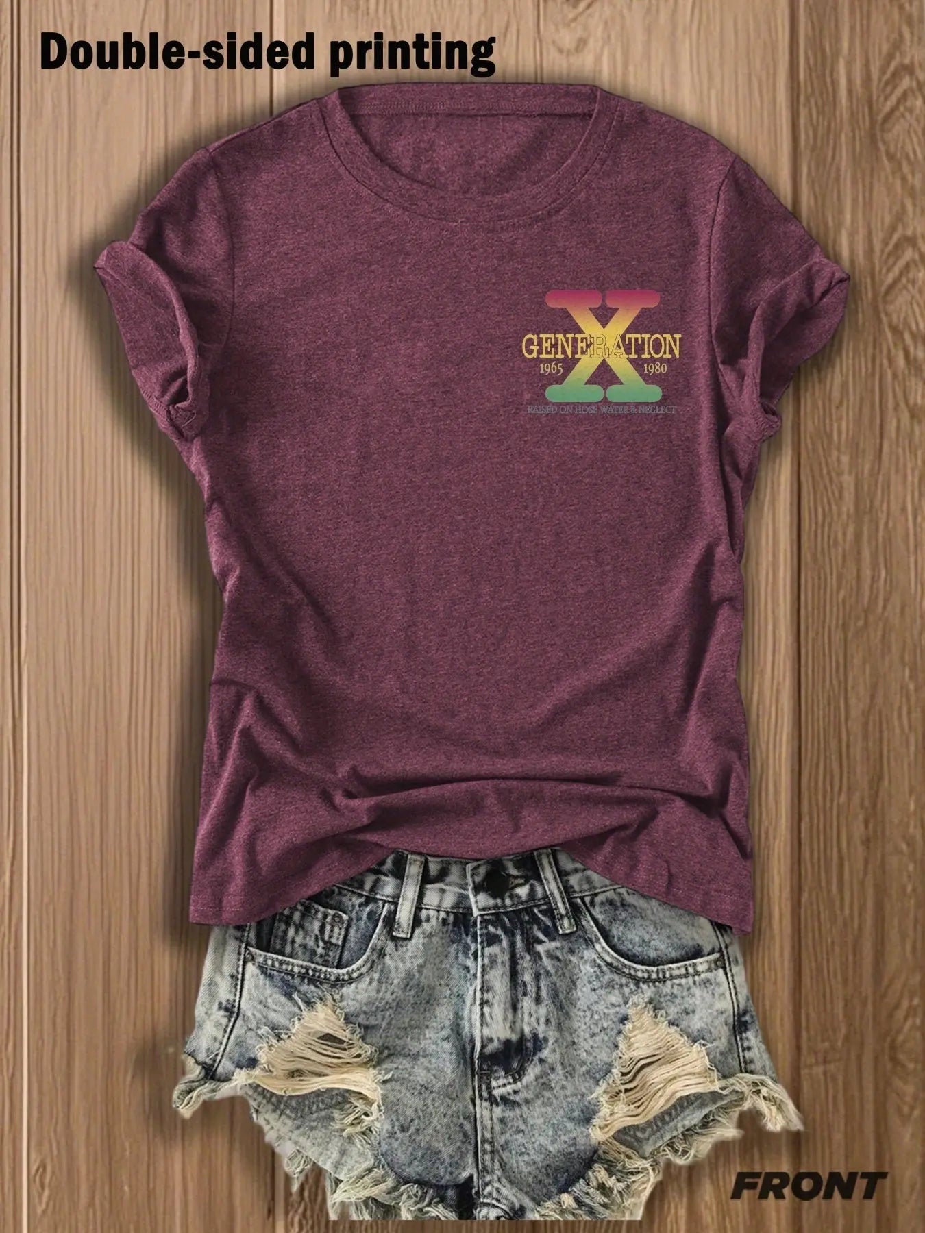 Maroon t-shirt with 'Generation X' logo and denim shorts on a wooden surface