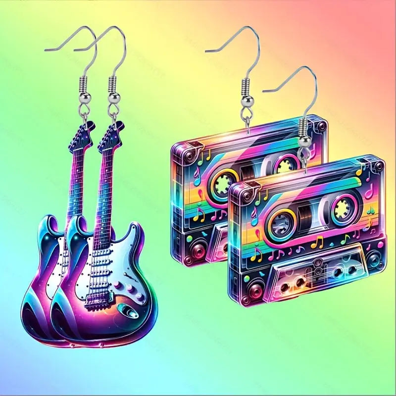 Colorful guitar and cassette tape-shaped earrings on a gradient background