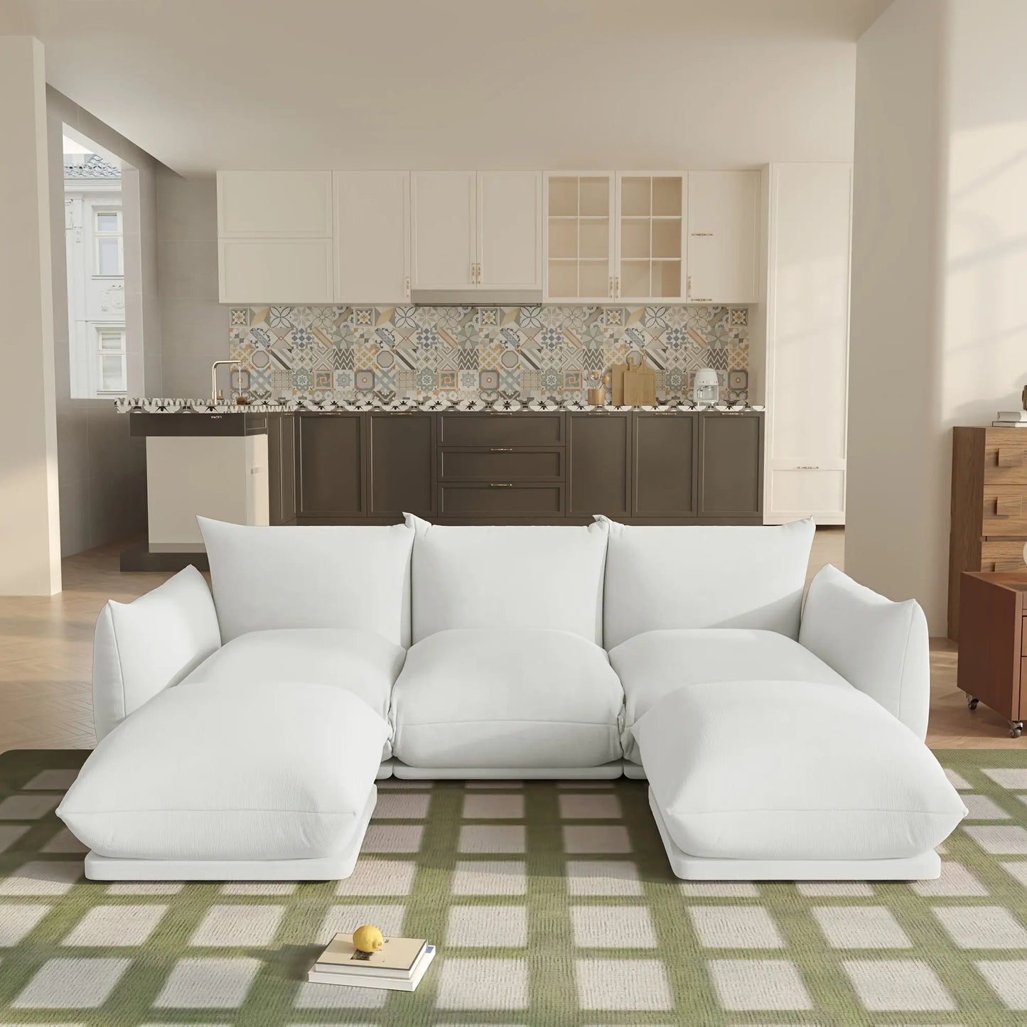 The Fantascticz Nexus Modular Sectional Sofa in elegant Ivory Chenille, providing a stunning contrast in a contemporary open-concept living room.