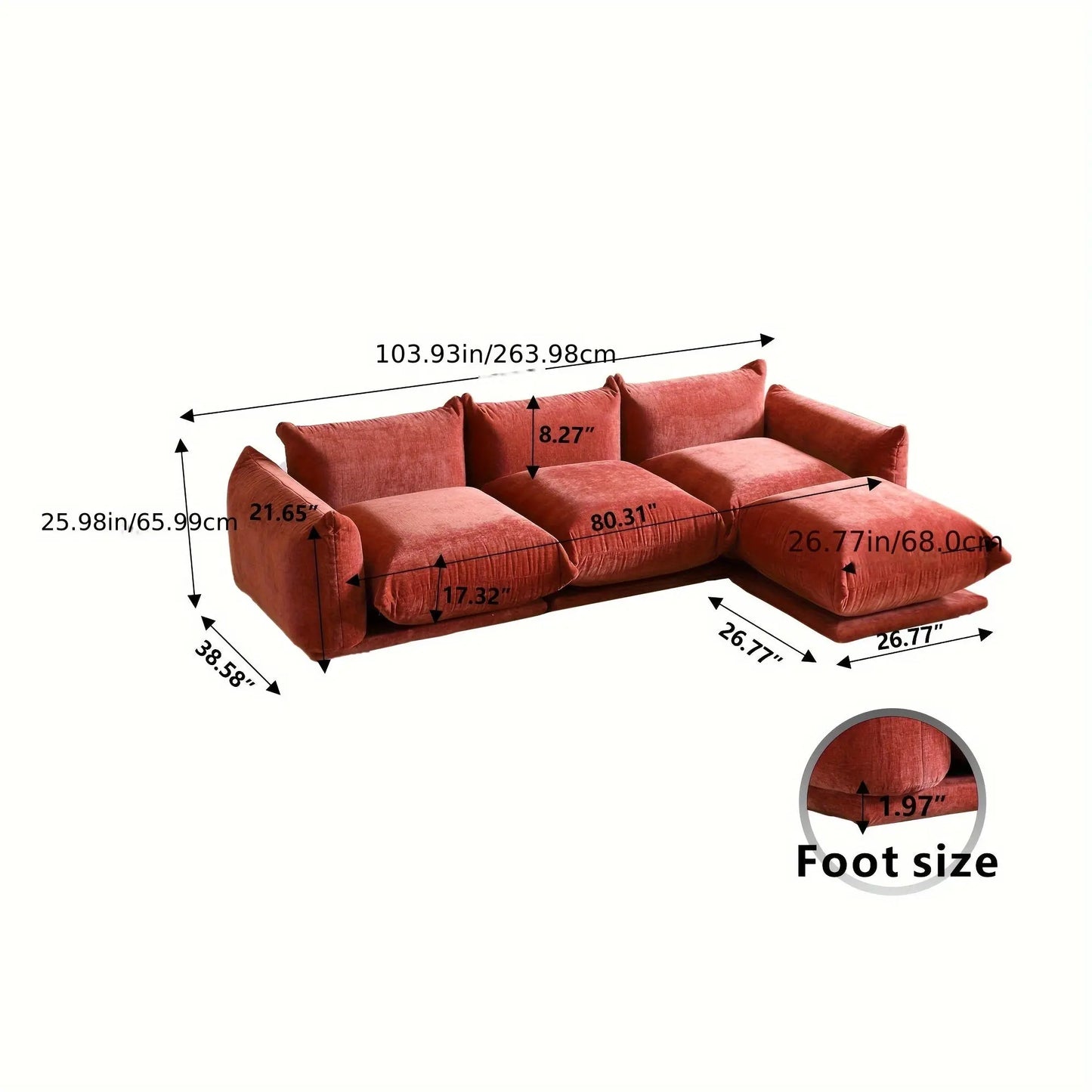 A detailed dimension chart for the Fantascticz Nexus Modular Sectional Sofa in Red. Shows overall width, depth, height, and seat measurements.