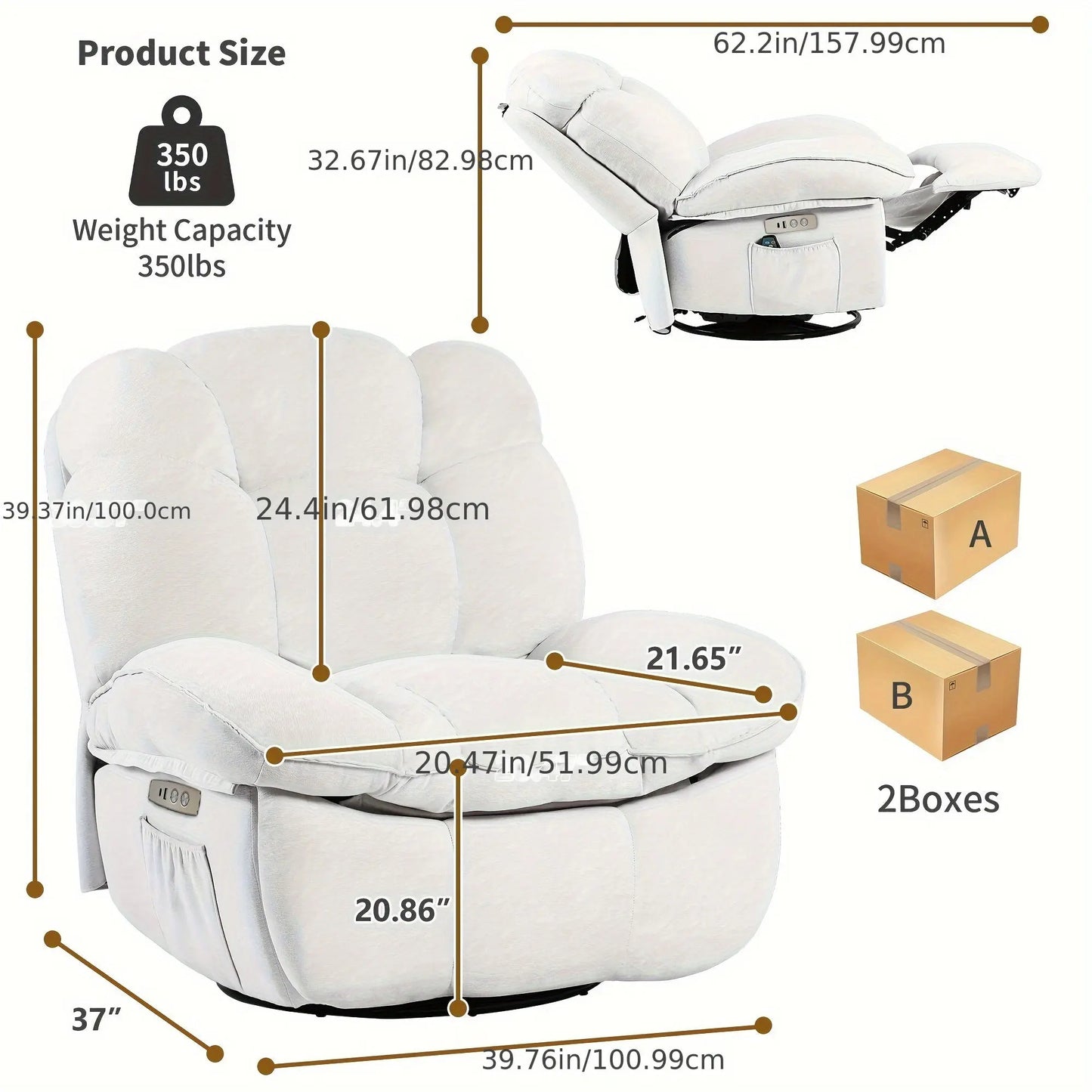 A specifications infographic for The Nimbus Swivel Glider by Fantascticz. It details the product dimensions: 37 inches wide, 39.37 inches high when upright, and 62.2 inches long when reclined. The graphic also states a weight capacity of 350 pounds and that the product ships in two separate boxes.