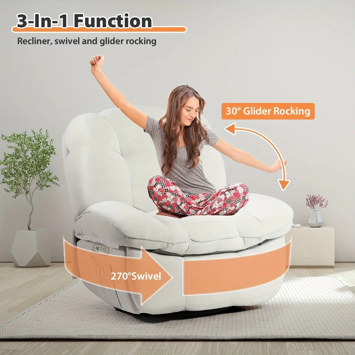 An infographic for The Nimbus Swivel Glider by Fantascticz, showcasing its 3-in-1 functionality. Diagrams illustrate the chair's smooth 30-degree glider rocking motion and its impressive 270-degree swivel capability, in addition to its reclining feature.