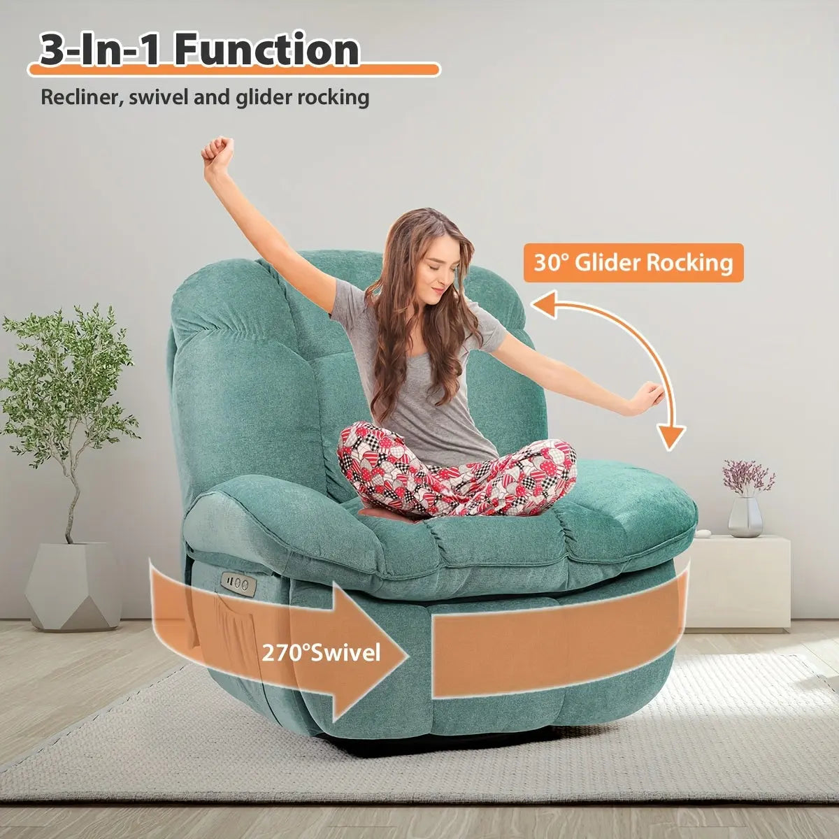 A feature infographic for The Nimbus Swivel Glider by Fantascticz, presented in a vibrant retro green. The image showcases the chair's 3-in-1 functions, specifically illustrating its smooth 30-degree glider rocking motion and its impressive 270-degree swivel.