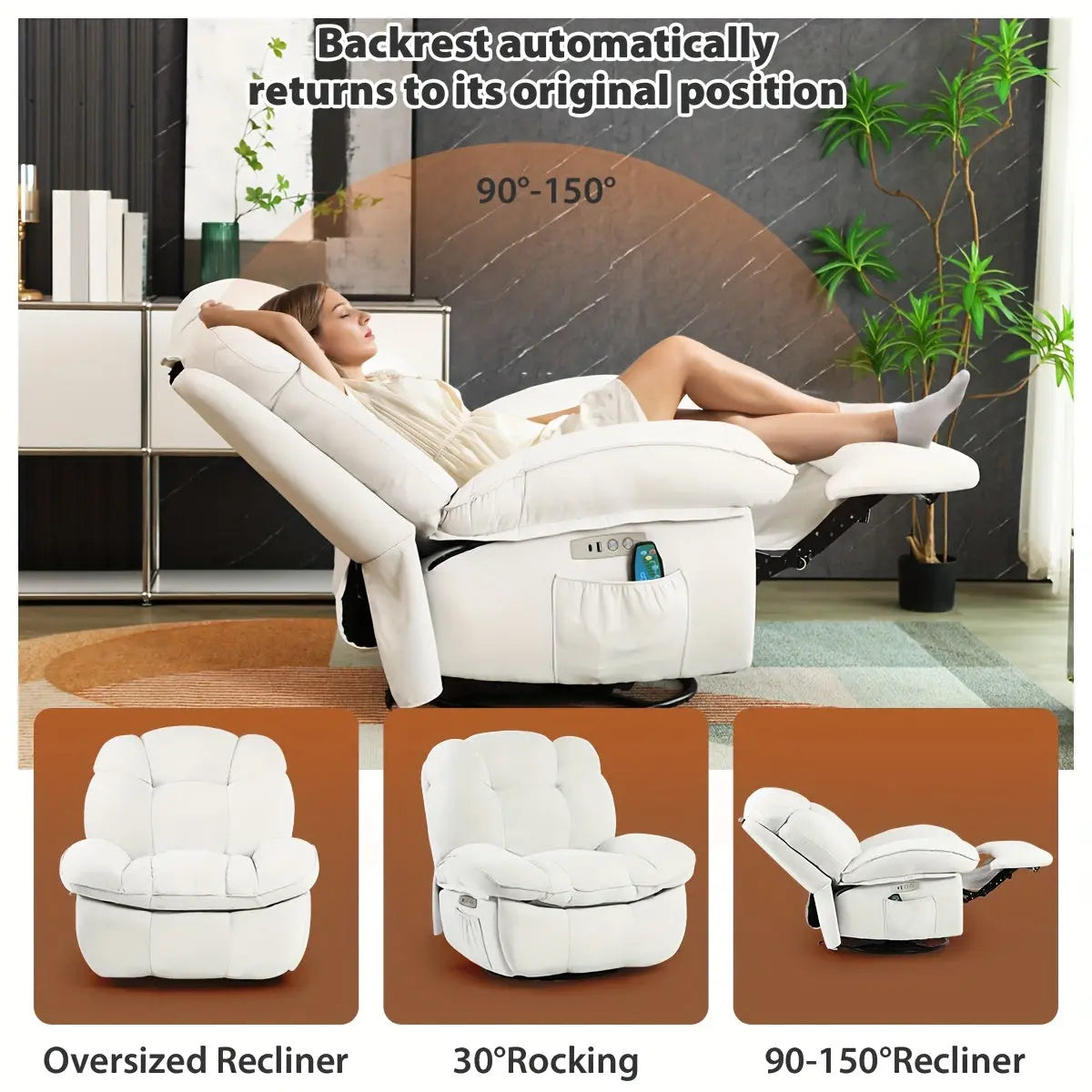 A lifestyle infographic for The Nimbus Swivel Glider by Fantascticz, showing a woman fully relaxed in its deep 90 to 150-degree recline. The graphic highlights its smart feature where the backrest automatically returns to its original position, as well as its versatile 30-degree rocking motion.