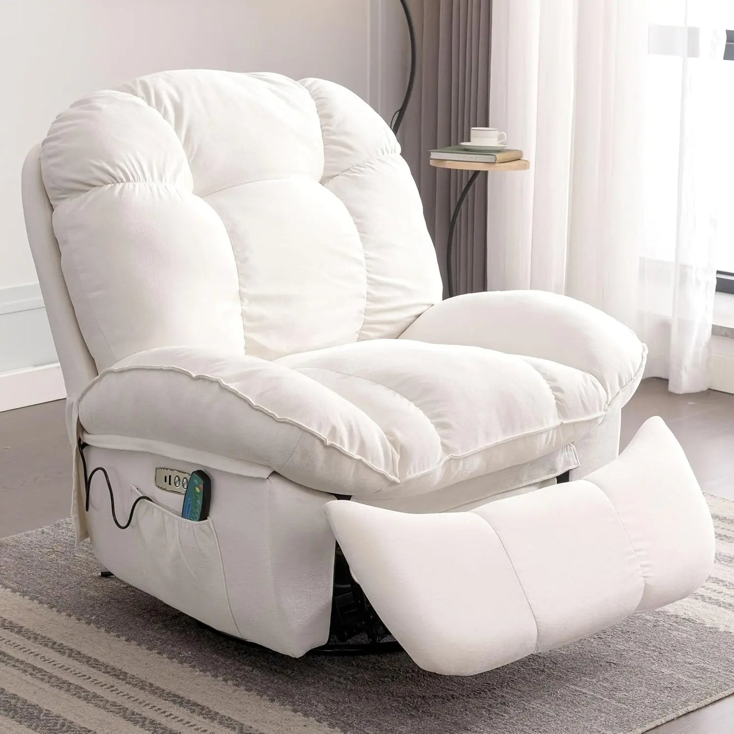 The Nimbus Swivel Glider by Fantascticz, featured in a pristine white fabric, sits in a tranquil room setting. Its deep, cloud-like cushions and partially extended footrest showcase its commitment to ultimate comfort and relaxation.