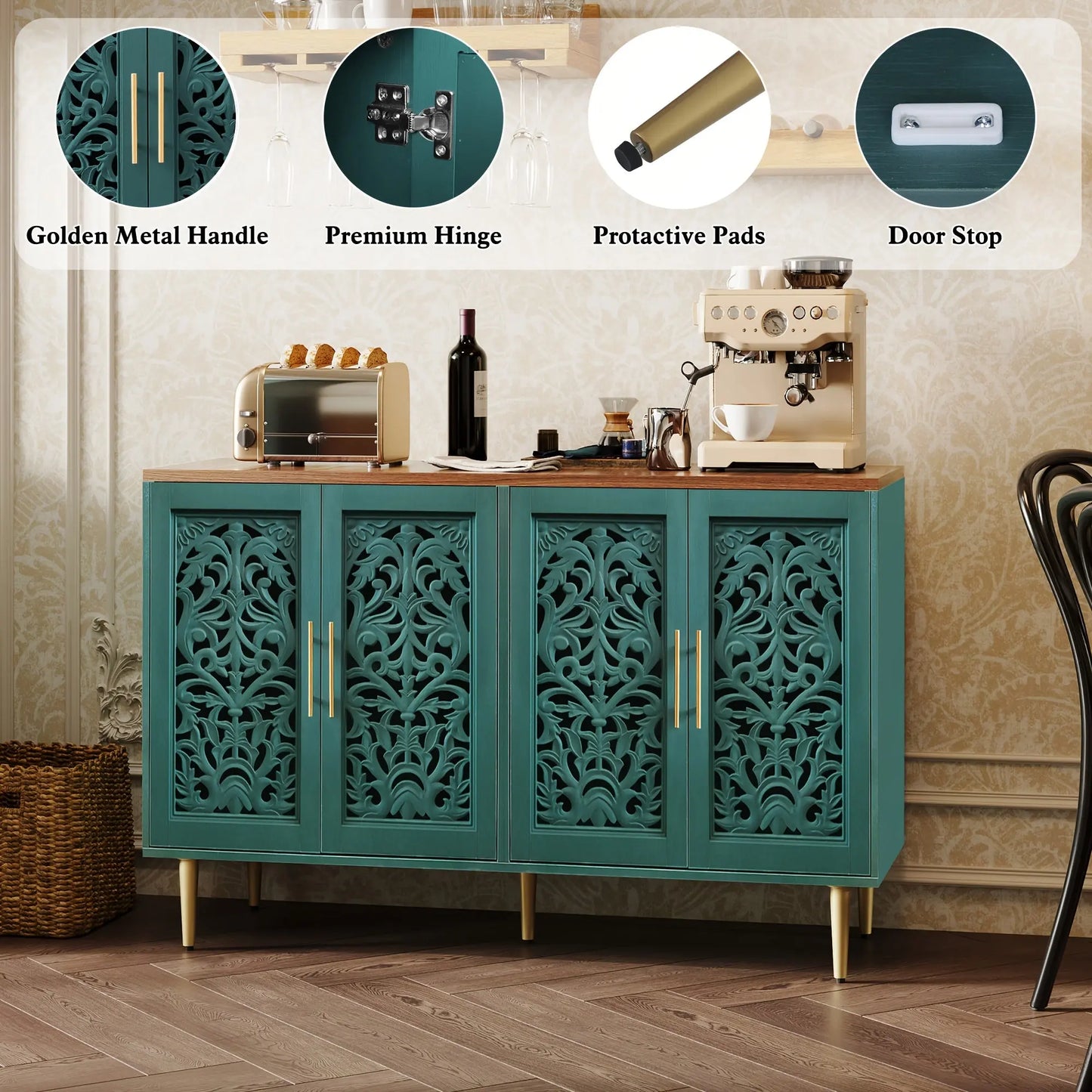 Teal cabinet with decorative patterns on doors, featuring Golden Metal Handle, Premium Hinge, Protective Pads, and Door Stop icons.