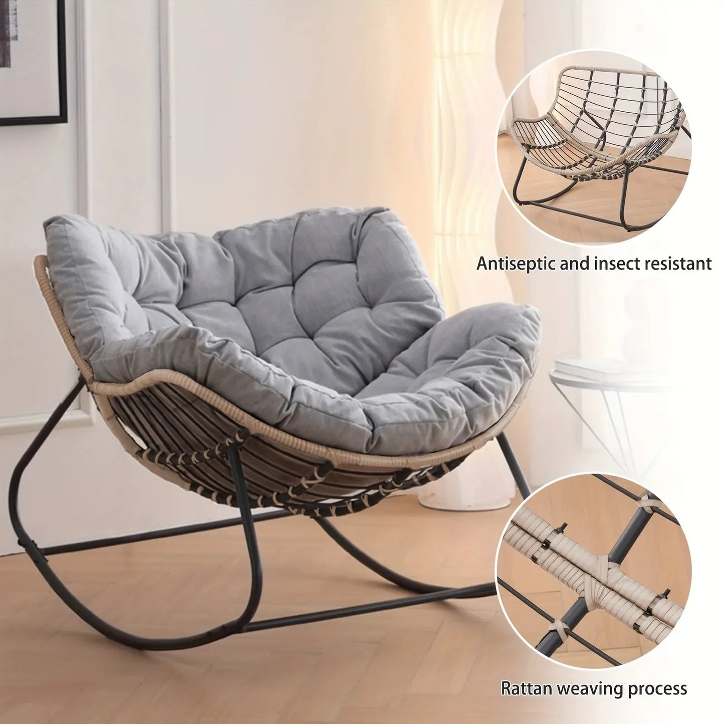 The 'Oasis' Rocking Lounger from Fantascticz with close-up views showing the durable, insect-resistant frame and the intricate, high-quality rattan weaving process of the chair's base.