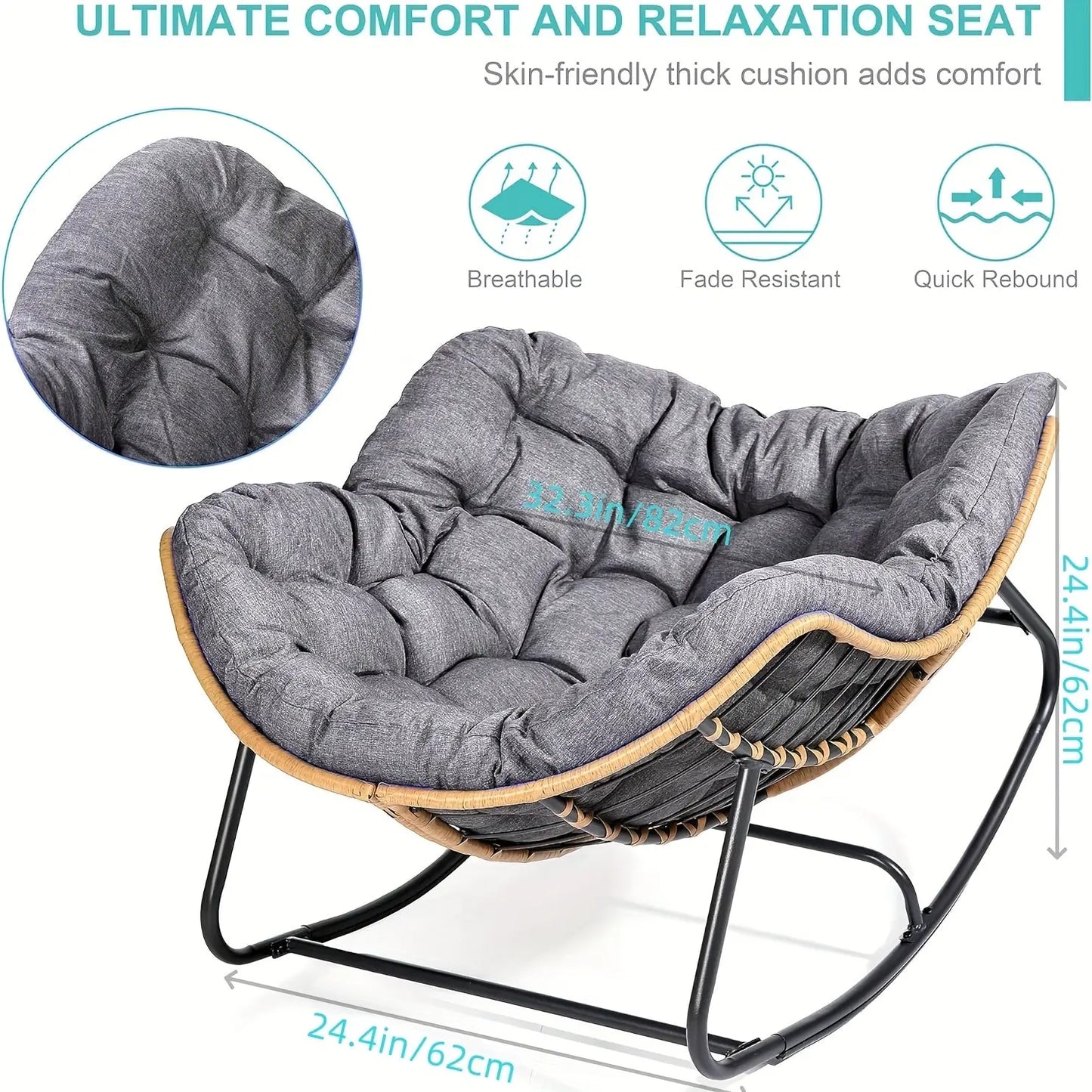 The 'Oasis' Rocking Lounger from Fantascticz with close-up views showing the durable, insect-resistant frame and the intricate, high-quality rattan weaving process of the chair's base.