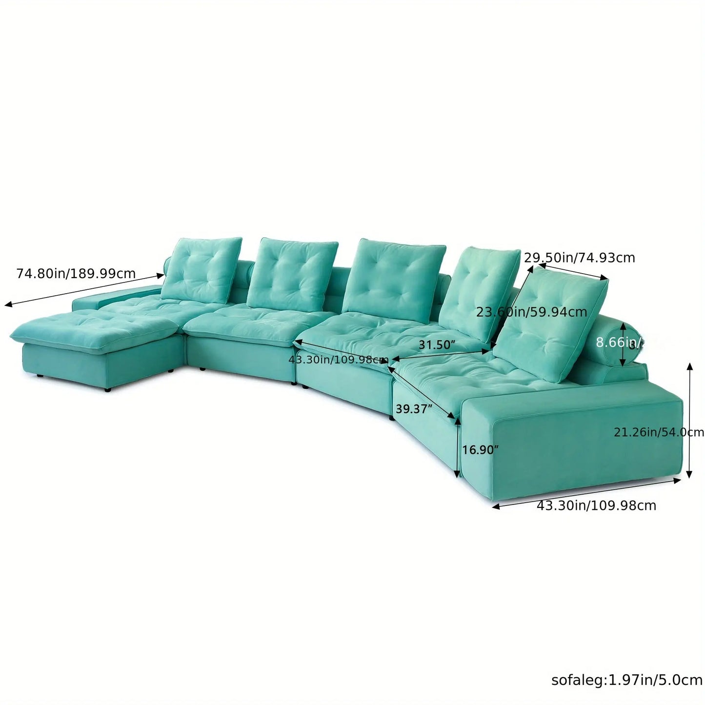 Turquoise sectional sofa with dimensions labeled on a white background