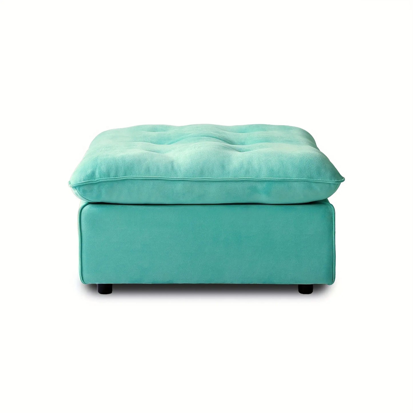 Turquoise ottoman with tufted top on a white background