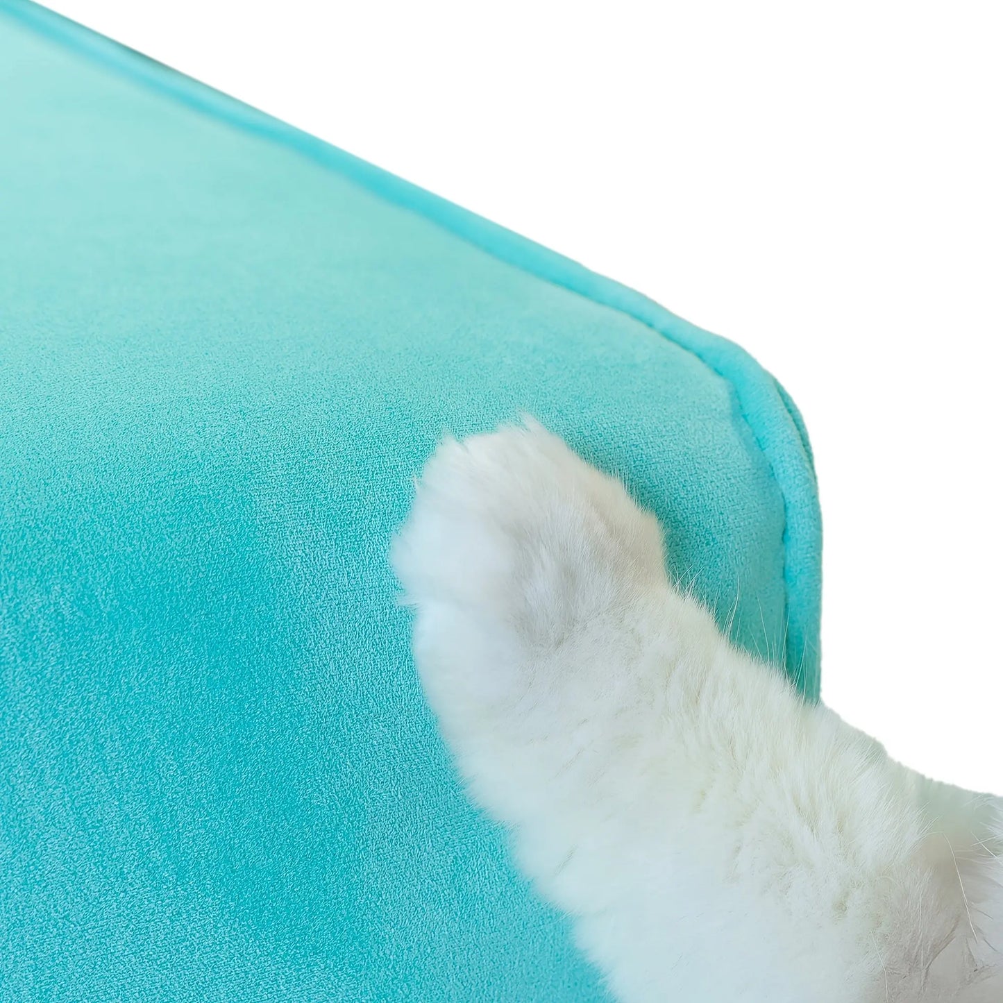 Close-up of a turquoise cushion with white fur trim on a white background