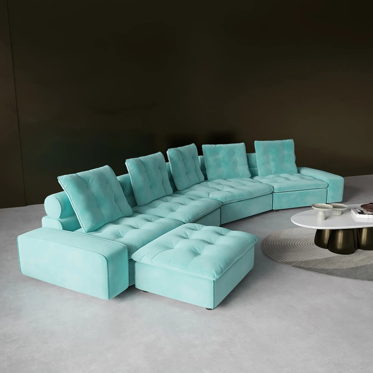 Turquoise sectional sofa in a modern room with a dark wall and coffee table.