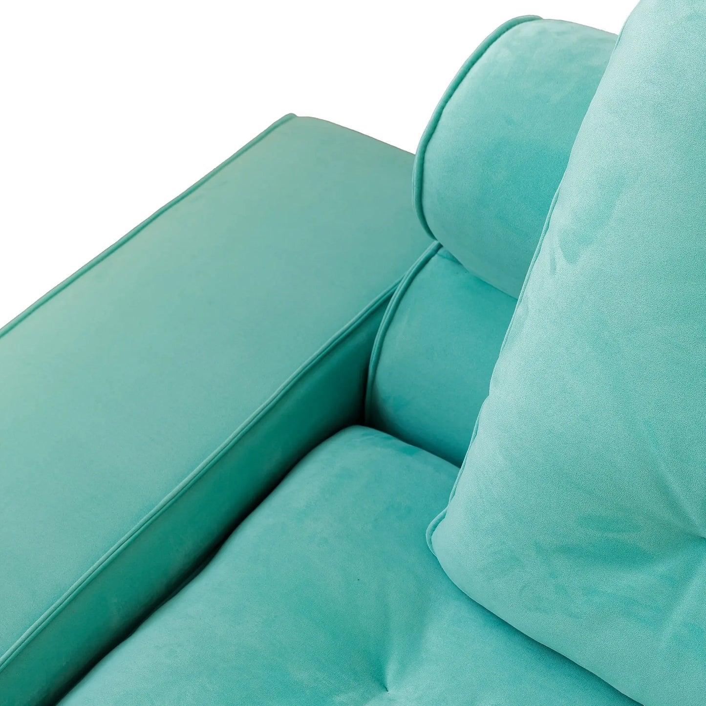 Close-up of a turquoise sofa with cushions on a white background