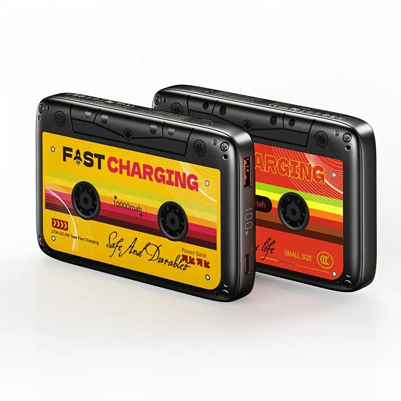 Two battery packs with retro design and 'Fast Charging' text on a white background