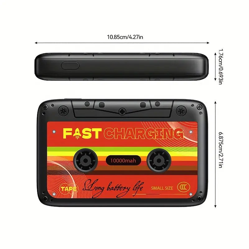 Cassette tape-shaped device with 'Fast Charging' text and battery information, shown from multiple angles.