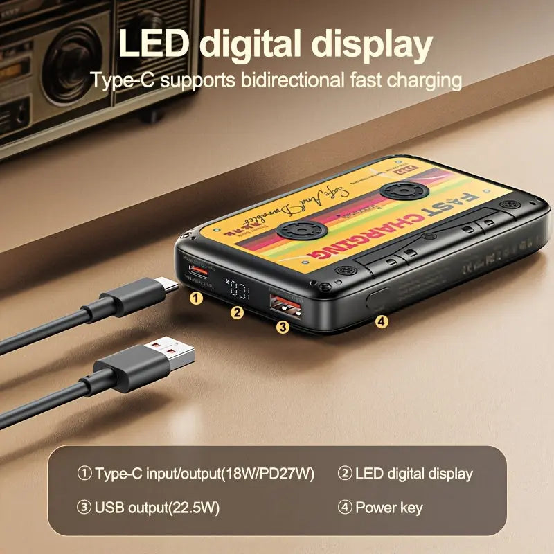 A features overview of the 'Retro Mixtape' Power Bank from Fantascticz. The image displays the LED digital display and points out the 22.5W USB output and the powerful bidirectional Type-C port with 27W fast charging output.