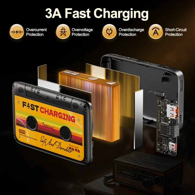 Fast charging device with '3A Fast Charging' text and protection features on a dark background.