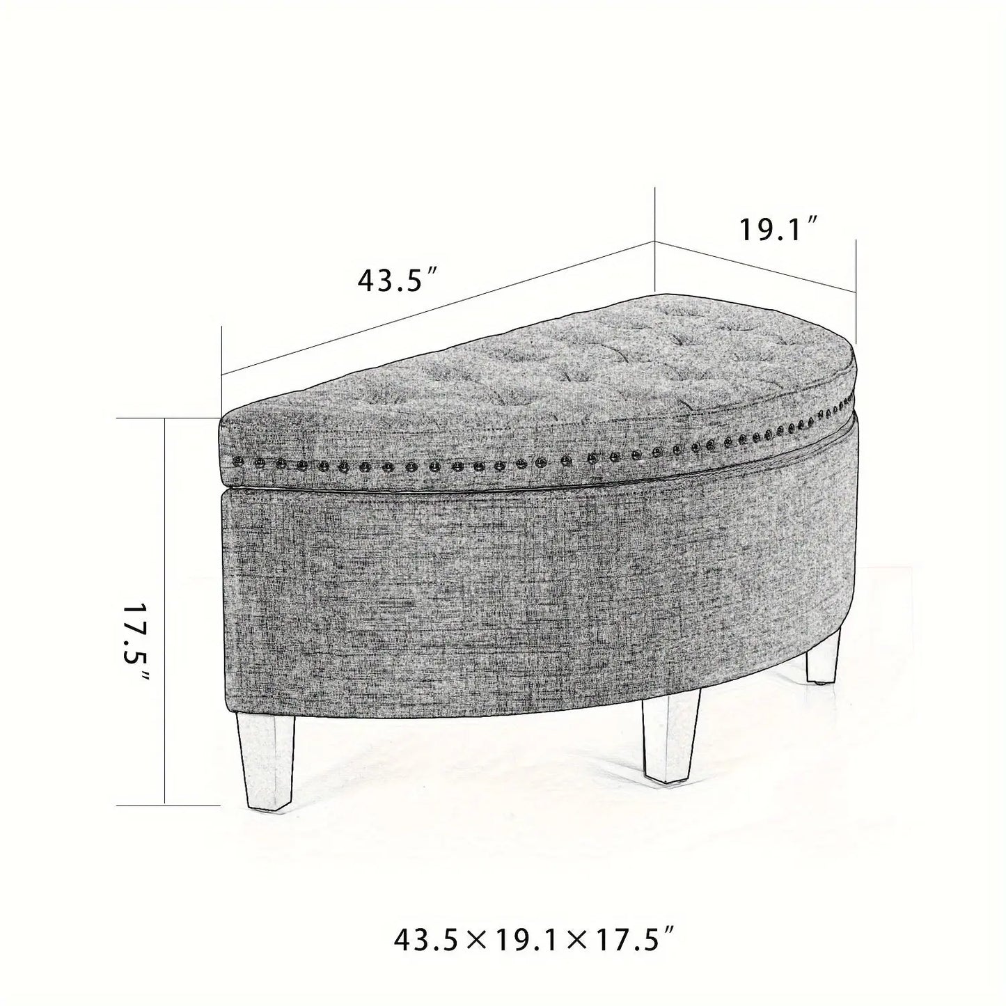 A dimensions graphic for the Rhythm Velvet Storage Ottoman by Fantascticz, showing its measurements. The ottoman is 43.5 inches long, 19.1 inches wide, and 17.5 inches high.