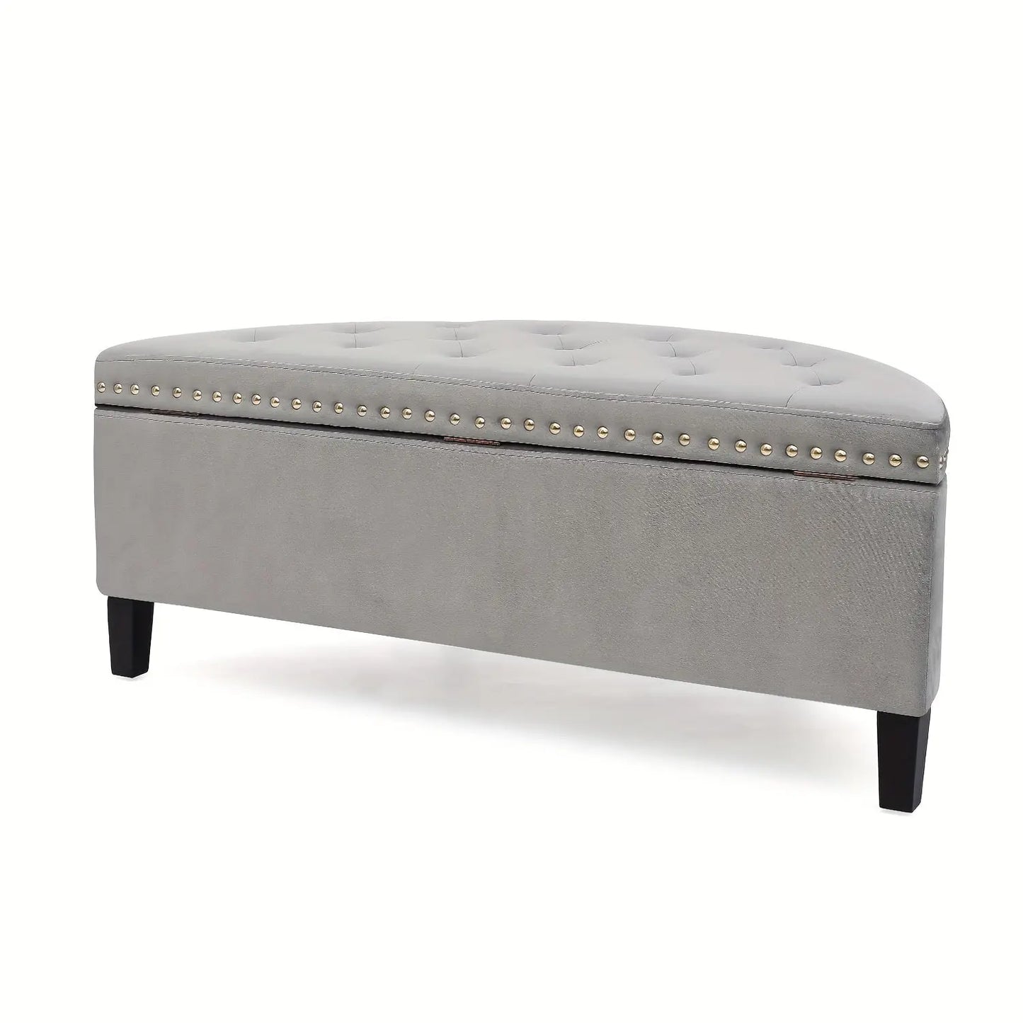A clear studio shot of The Rhythm Storage Ottoman by Fantascticz. This version features a sophisticated textured gray fabric, a classic button-tufted lid, and is accented with elegant silver nailhead trim.