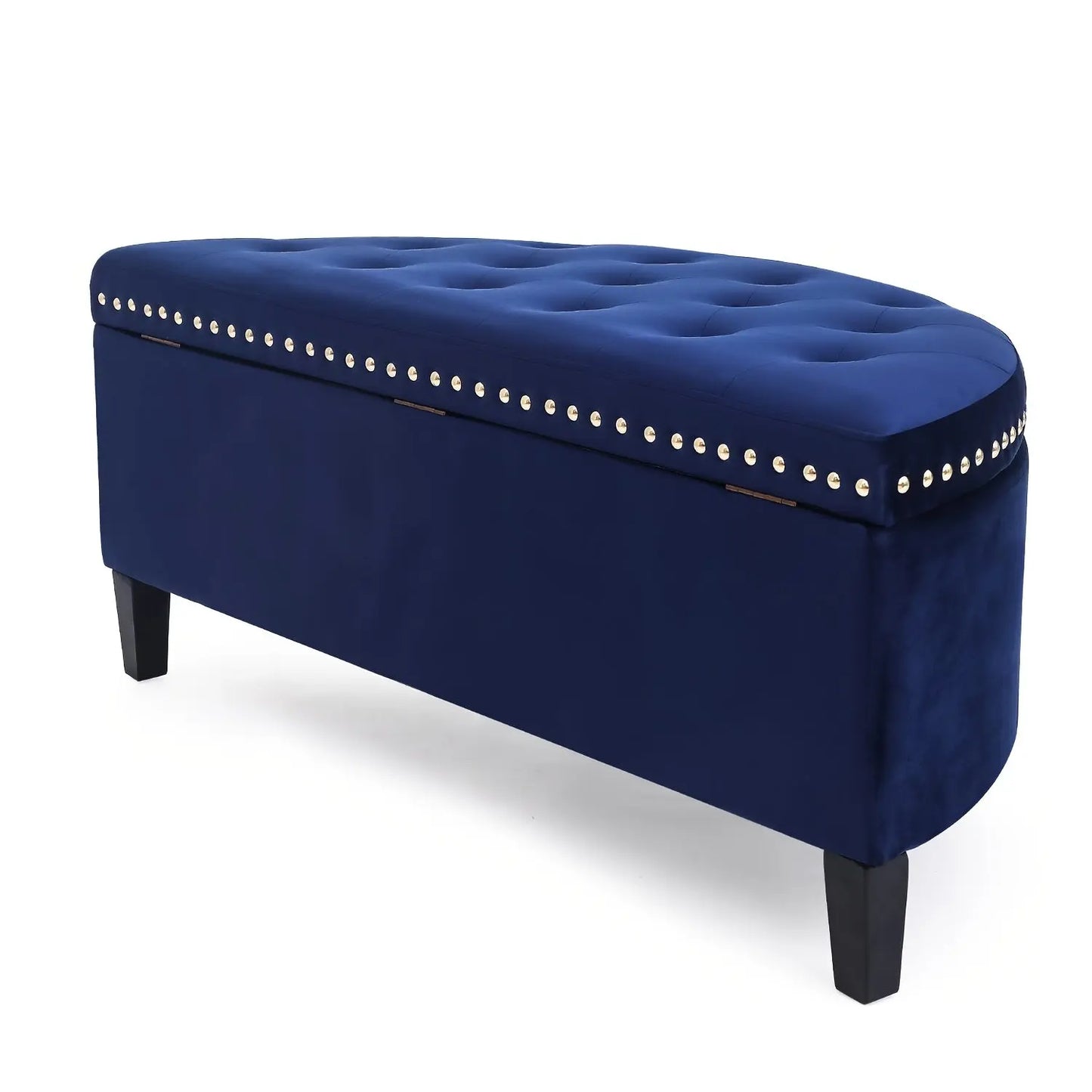 A clear studio shot of The Rhythm Velvet Storage Ottoman by Fantascticz. This angled view displays the luxurious navy blue velvet, deep button-tufting on the lid, and the elegant line of silver nailhead trim.