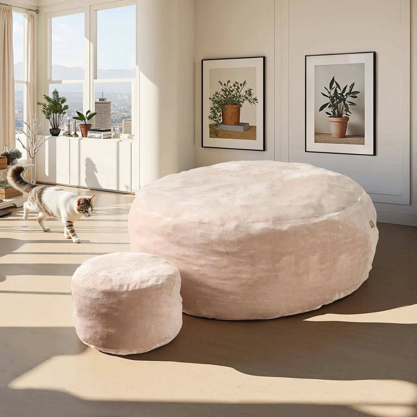 A lifestyle image showcasing The Sanctuary Lounger and ottoman by Fantascticz, featured in a warm, elegant beige fabric. The set's soft neutral tone provides versatile, understated luxury, beautifully complementing the bright and modern living space.