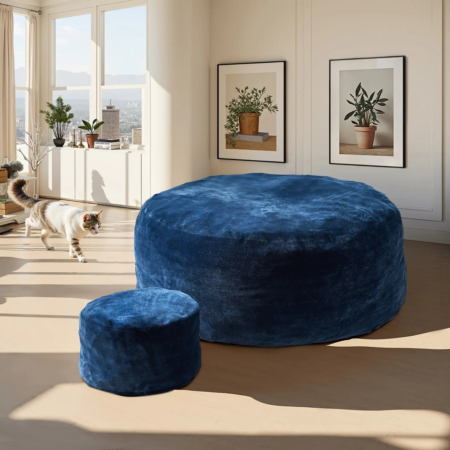 A lifestyle image showcasing The Sanctuary Lounger and its matching ottoman by Fantascticz. The set, featured in a rich royal blue fabric, serves as a chic and comfortable centerpiece in a bright, modern, and sunlit living space.