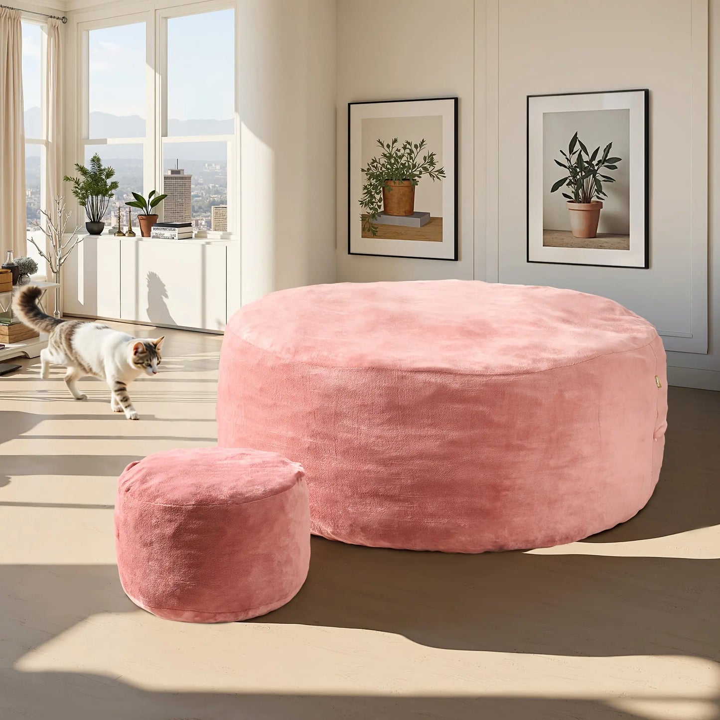 A lifestyle image of The Sanctuary Lounger and ottoman set by Fantascticz, featured in a playful yet elegant blush pink fabric. The set introduces a vibrant pop of retro color and luxurious comfort to a sophisticated, sunlit living space.
