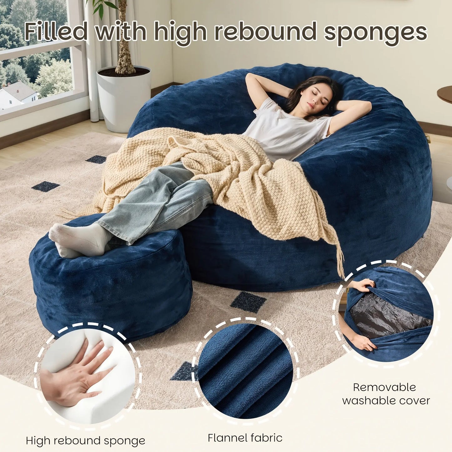 An infographic showcasing the premium features of The Sanctuary Lounger by Fantascticz. It details the supportive high-rebound sponge filling, the luxurious soft-touch flannel fabric, and the practical convenience of a removable and washable cover.